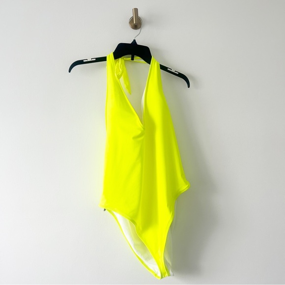 NEW Aerie Neon Yellow V Neck Halter Low Back One Piece Swimsuit - Picture 5 of 10